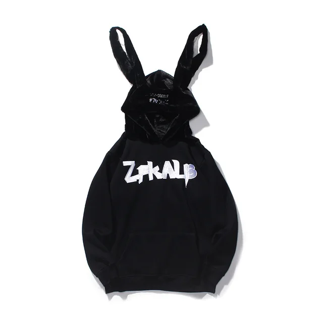 Cute Retro Style Hooded Sweater With Plush Rabbit Ears Embroidery Black Plus Cashmere - Shop at LoveMi
