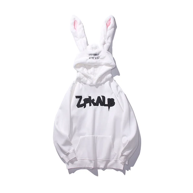 Cute Retro Style Hooded Sweater With Plush Rabbit Ears Embroidery White Plus Cashmere - Shop at LoveMi