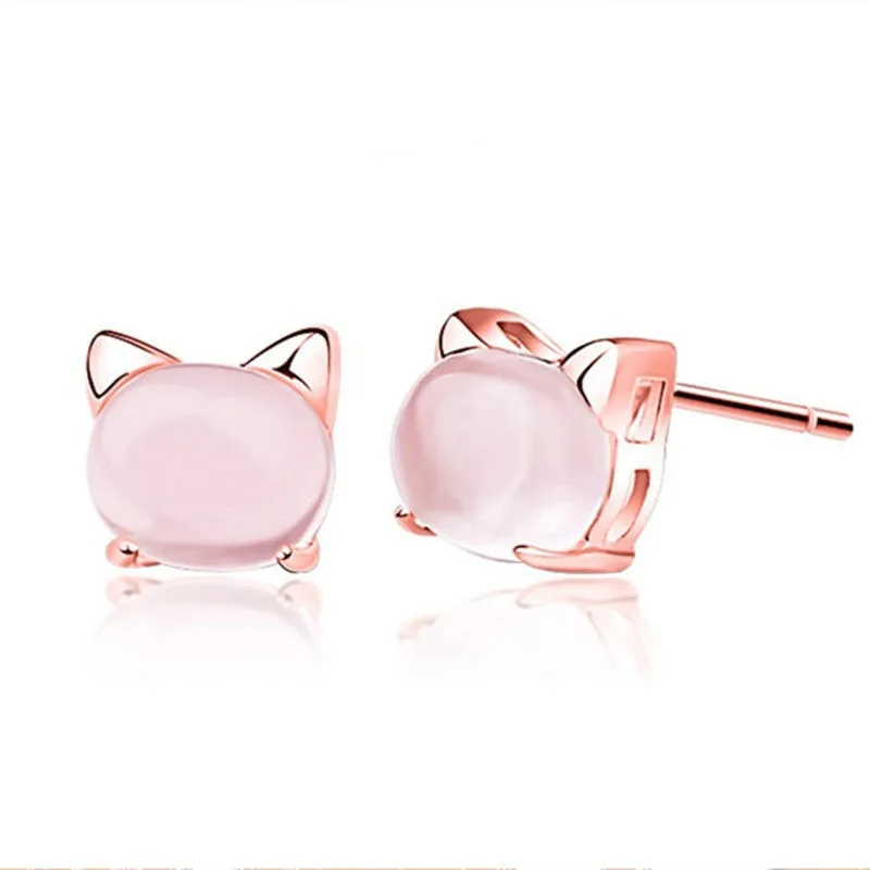 Girl Earrings Pure Silver Cute S925 Female Student Korean Cat Earrings Silver Children's Ear Jewelry Lover - Rose Gold