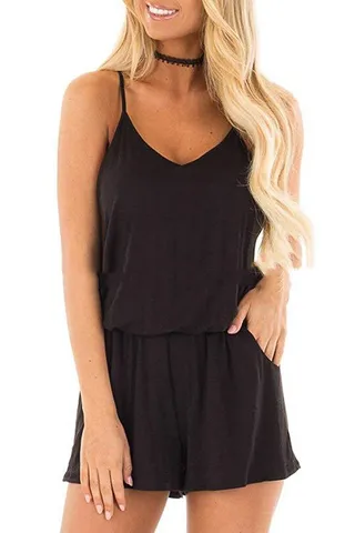 New Style Women's Suspenders Halter Printed Jumpsuit Shorts - Black