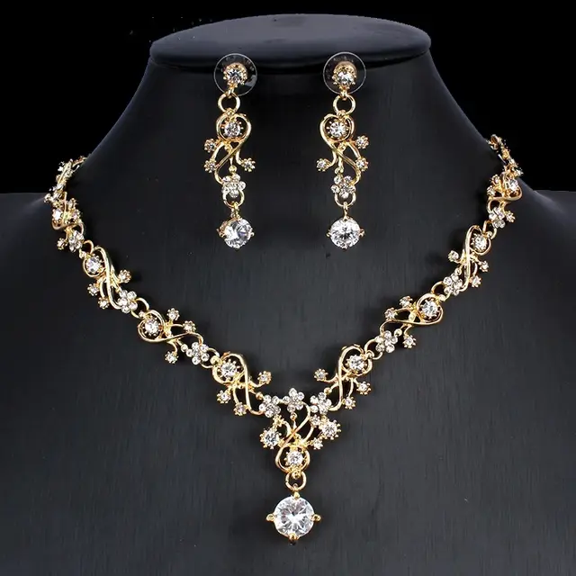 Golden Zircon Jewelry Set Bridal Necklace Earrings Wedding Two piece Set - Shop at LoveMi