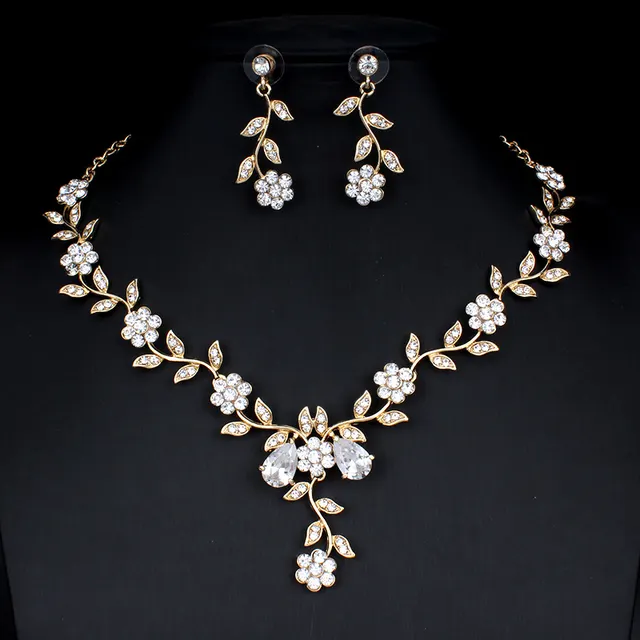 Golden Zircon Jewelry Set Bridal Necklace Earrings Wedding Two piece Set F - Shop at LoveMi