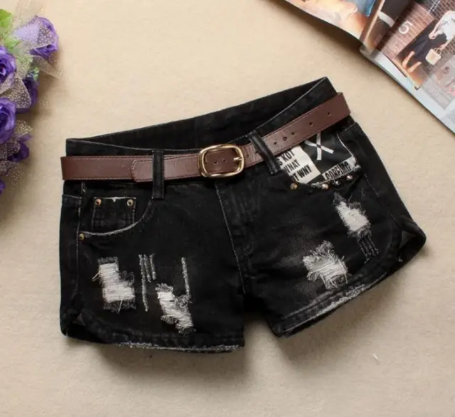 Women Denim Shorts Mini Rivet Holes Jeans Low Waist 4Color - Shop at LoveMi