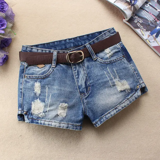 Women Denim Shorts Mini Rivet Holes Jeans Low Waist Light Blue - Shop at LoveMi