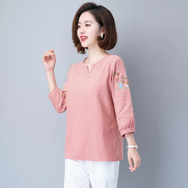 Cotton And Linen Three quarter Sleeve T shirt Women Pink - Shop at LoveMi