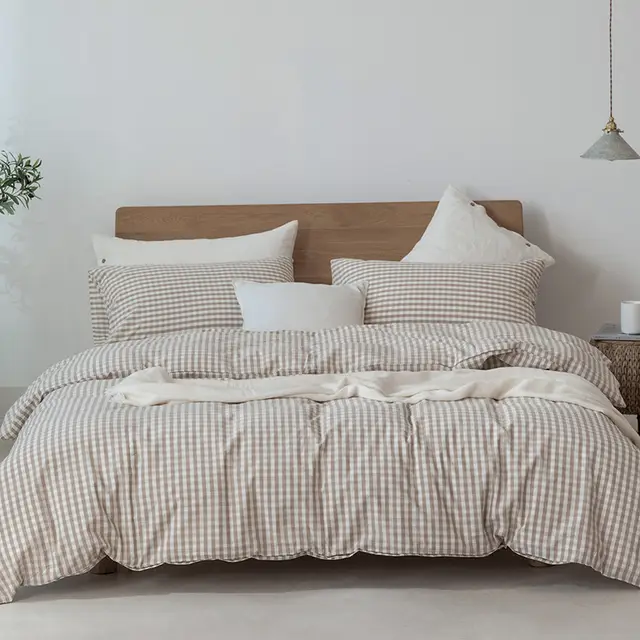 Japanese Style Muji style Bed And Breakfast Pure Color Lattice Single And Double Duvet Cover Bed Sheet Beige Small Grid - Shop at LoveMi