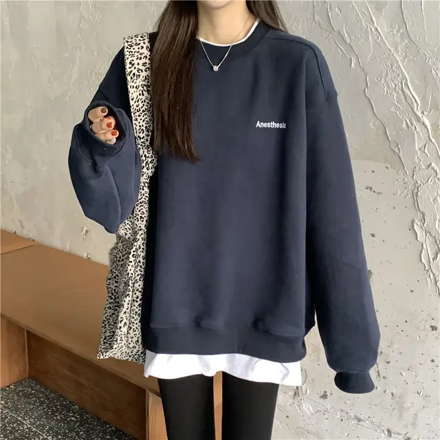 New Splicing Pullover Fashion Korean Thick And Thin Womens Sweatshirt Navy Blue Plus Velvet - Shop at LoveMi