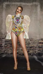 Party Costumes Catwalk Pearl Puff Sleeve Abstract Print One-Piece Female Costumes - Color - View 1