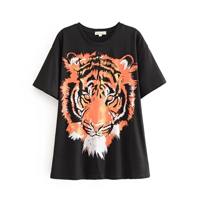 Turtleneck Short Sleeve Round Neck Loose Large Tiger Print Women's T shirt Black - Shop at LoveMi