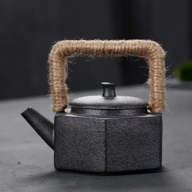 Wood fired Kung Fu Teapot, Ceramic Stoneware Pot With Beam, Hexagonal Pot Black - Shop at LoveMi