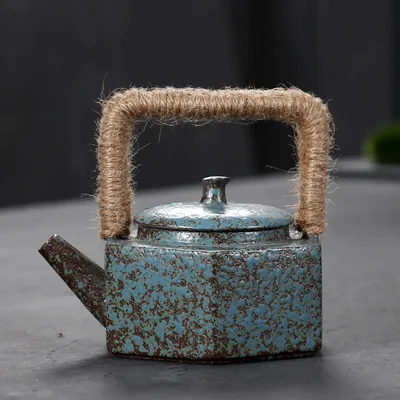 Wood fired Kung Fu Teapot, Ceramic Stoneware Pot With Beam, Hexagonal Pot Blue - Shop at LoveMi