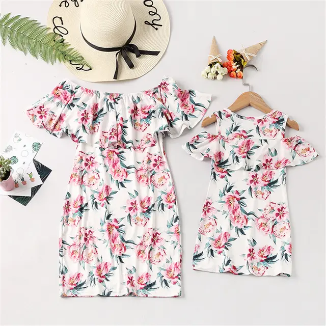 One Shoulder Printed Ruffle Dress Parent Child Wear Color - Shop at LoveMi