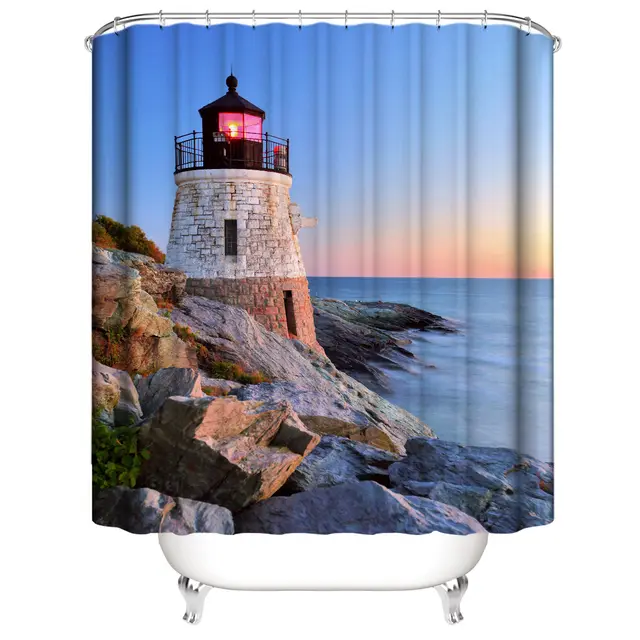 Waterproof Shower Curtain Sea Level Lighthouse Shower Curtain Floor Mat Set G - Shop at LoveMi