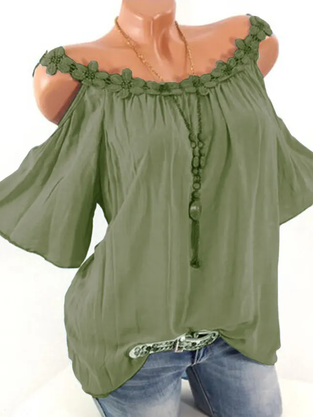 Explosive Lace Round Neck Strapless Solid Color T Green - Shop at LoveMi