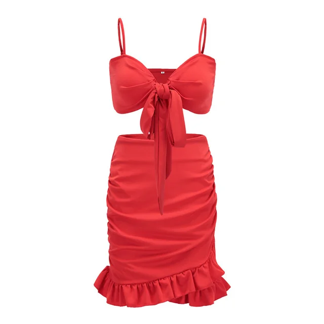Tube Top Camisole High Waist Ruffled Hips Holiday Skirt Suit Red - Shop at LoveMi
