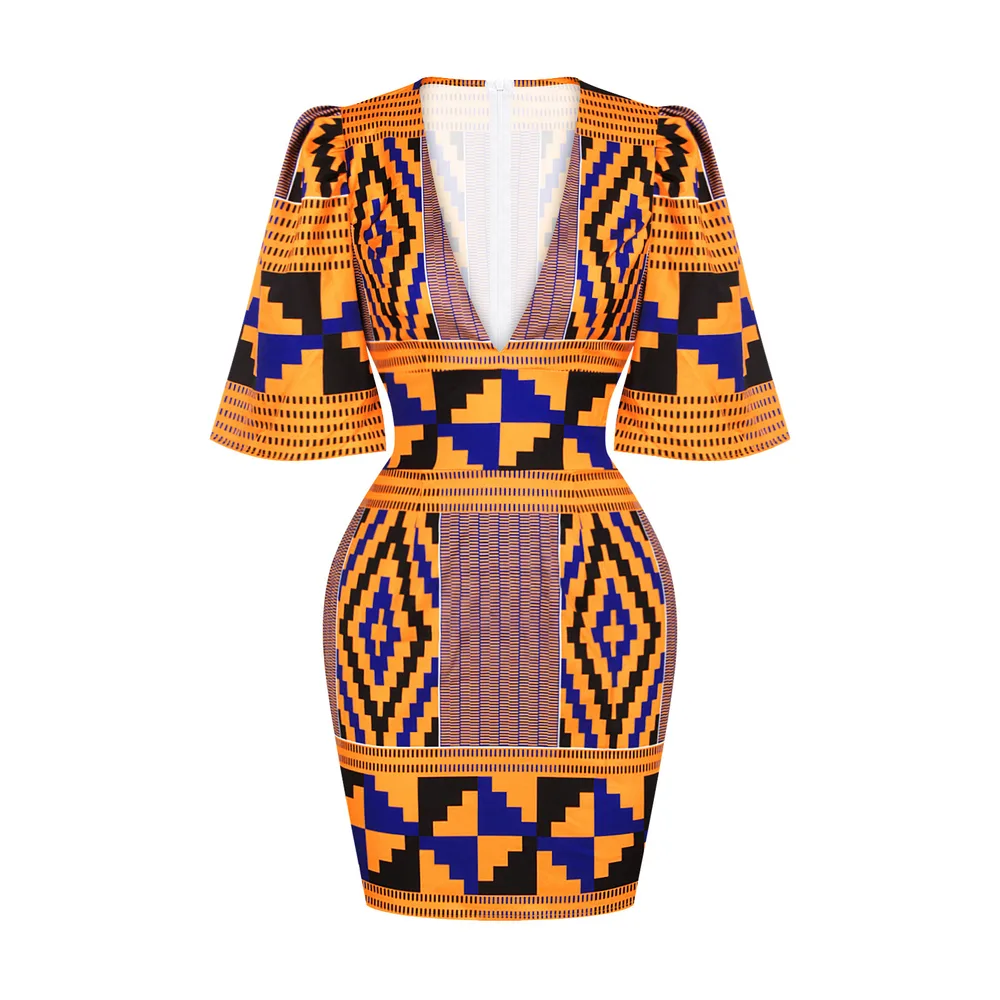 African Sexy Women's Deep V neck Horn Sleeves Hip Skirt Slim Slimming Indonesian Short Dress Style B L - Shop at LoveMi
