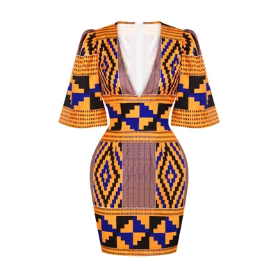 African Sexy Women's Deep V neck Horn Sleeves Hip Skirt Slim Slimming Indonesian Short Dress Style C - Shop at LoveMi