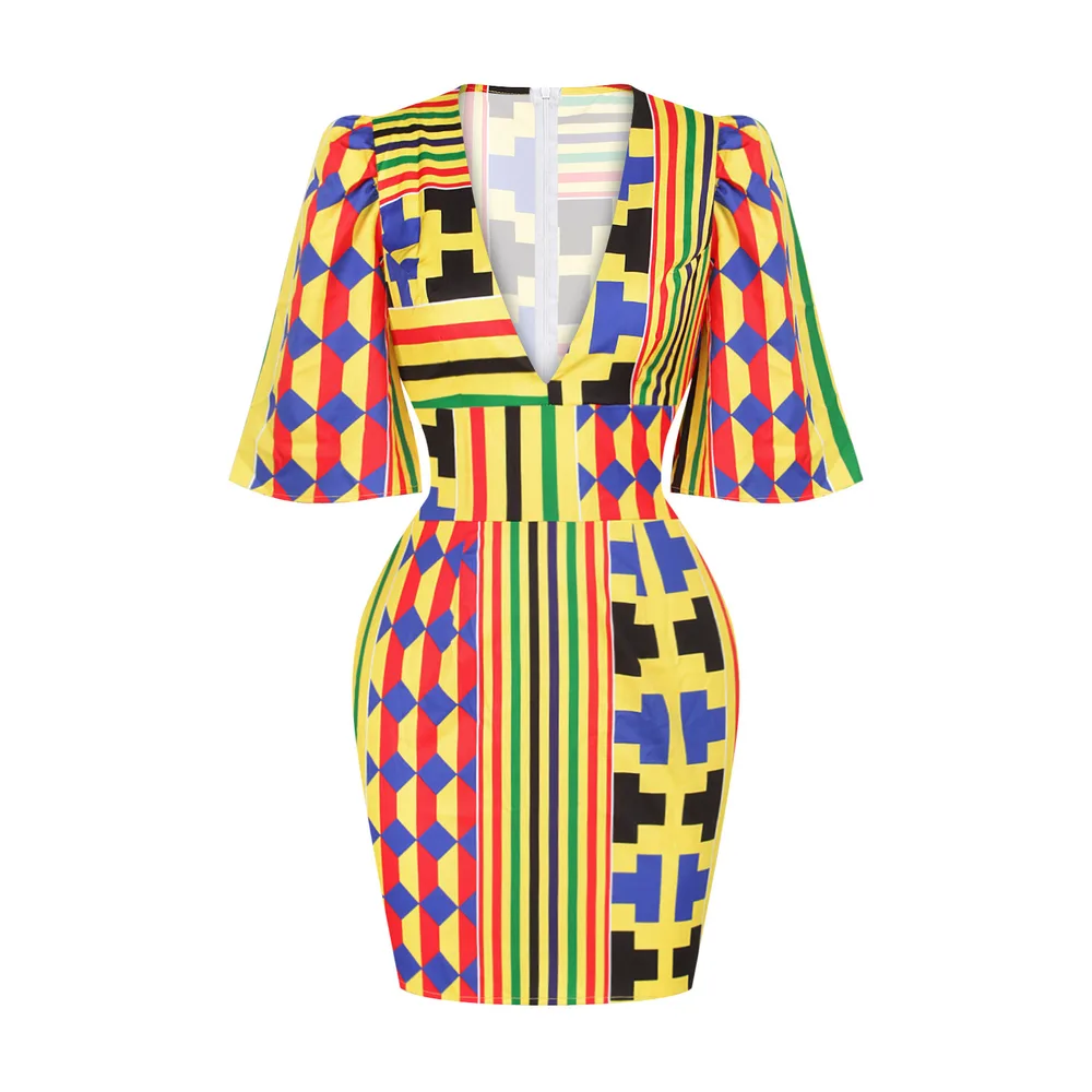 African Sexy Women's Deep V neck Horn Sleeves Hip Skirt Slim Slimming Indonesian Short Dress Stylea - Shop at LoveMi
