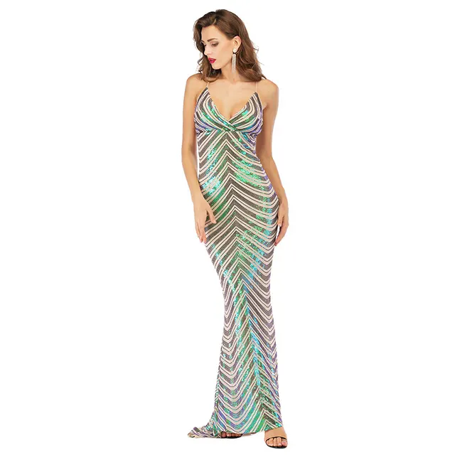 Sling Halter Dress, Deep V neck Stretch Sequined Mopping Dress Green - Shop at LoveMi