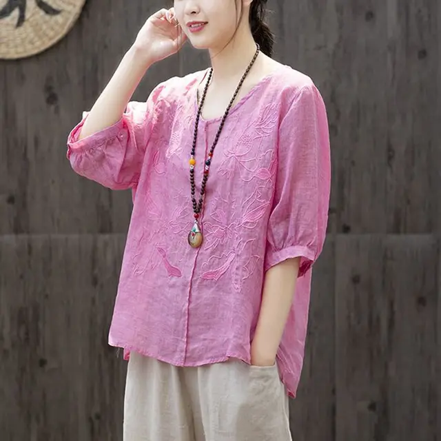Lotus Embroidered Large Size Loose Round Neck Thin Ladies Top Rose Red - Shop at LoveMi