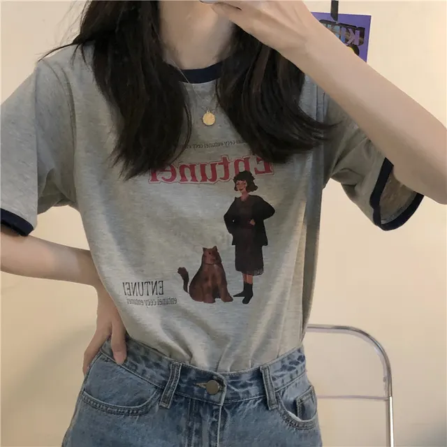 Retro Hit Color Round Neck Cartoon Printed Letters Loose And Strange Girl Short sleeved T shirt Gray - Shop at LoveMi