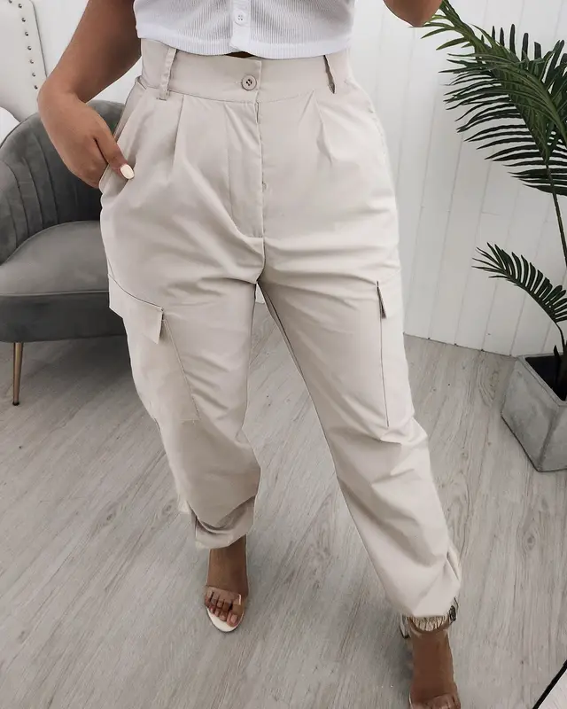 Solid Color Slim fit Cargo Slacks Apricot - Shop at LoveMi
