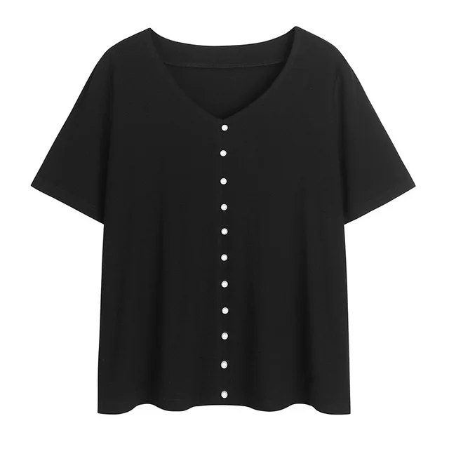 Plus Size Mm Casual Plus Size Women's Loose And Thin Solid Color V neck Short Sleeves Black - Shop at LoveMi