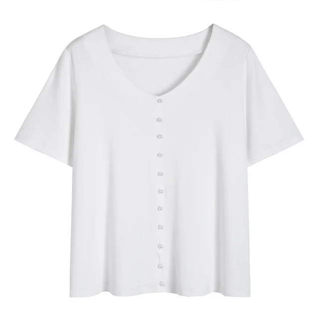 Fat Mm Casual Plus Size Women's Loose And Thin Solid Color V neck Short Sleeves White - Shop at LoveMi