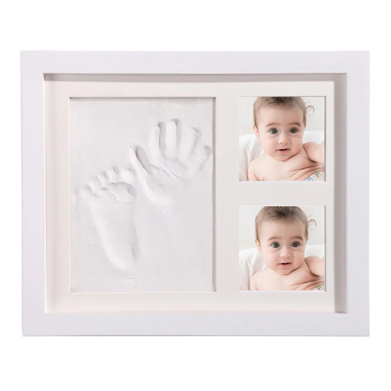 Wooden Wall-mounted Set-up Photo Frame Baby Hand And Foot Printing Mud Photo Frame - White