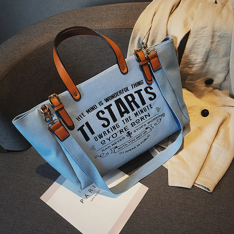 New Wave Korean Ins Large Capacity Canvas Tote Bag Blue - Shop at LoveMi