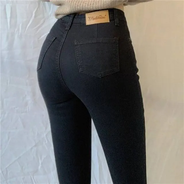 Large Size High Waist Peach Hip Stretch Light Blue Denim Trousers Black - Shop at LoveMi