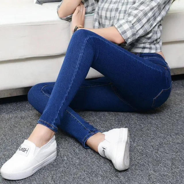 Large Size High Waist Peach Hip Stretch Light Blue Denim Trousers Dark Blue - Shop at LoveMi