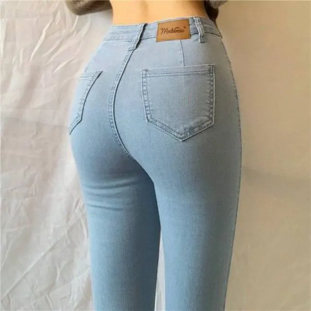 Large Size High Waist Peach Hip Stretch Light Blue Denim Trousers Light Blue - Shop at LoveMi