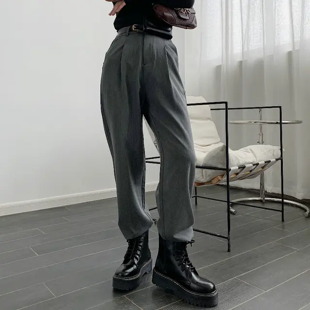 All match High waist Straight leg Casual Pants Women Autumn Dark Grey - Shop at LoveMi