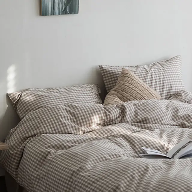 Ins Wind Milk Tea Color Cotton 1.8 bed Quilt Cover Bedding Beige Plaid Washed Cotton Double Bed Single Four piece Set Fitted Sheet - Shop at LoveMi