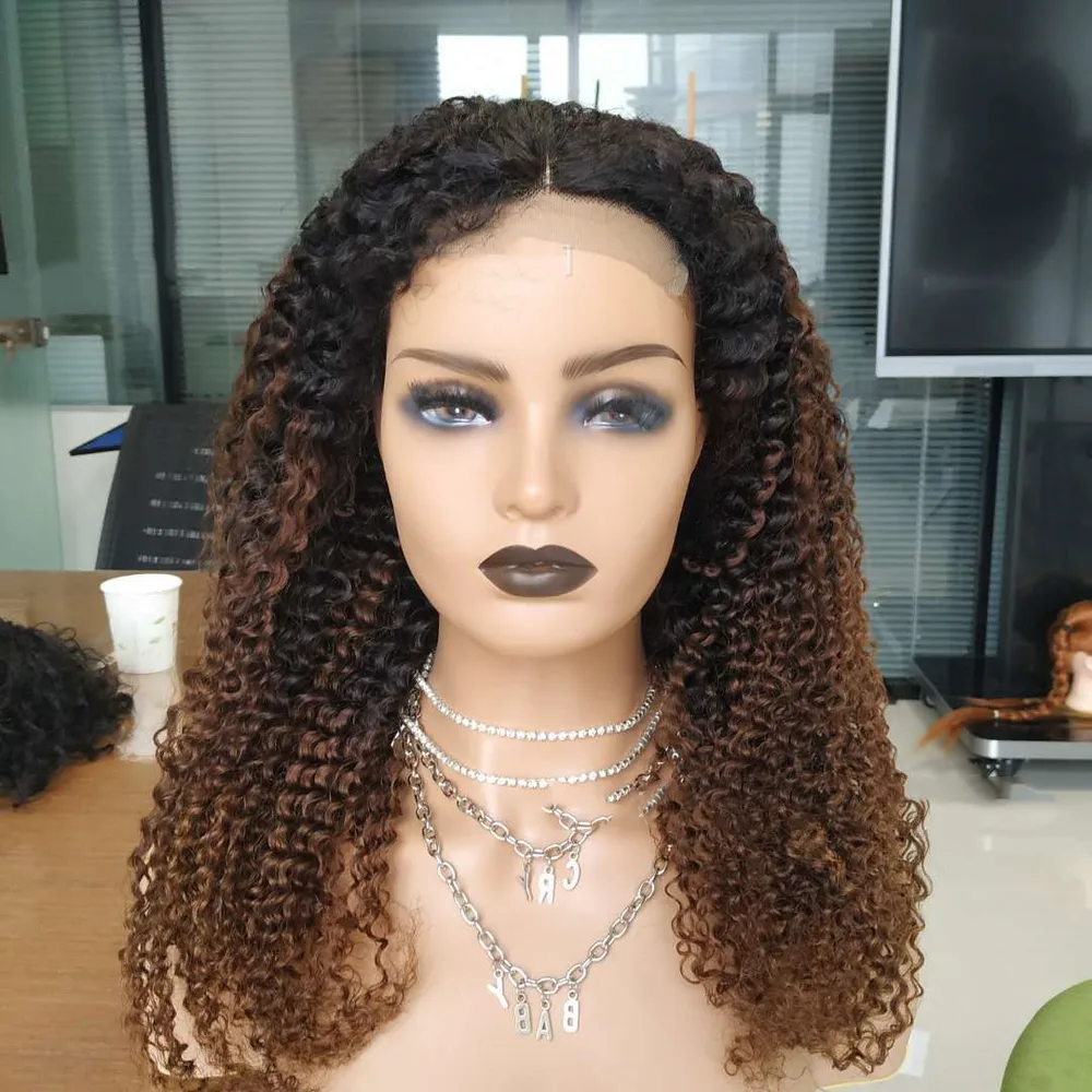 10A Ombre Human Hair Kinky Curly 4x4 Lace Front Wigs T1B 30 - Brown