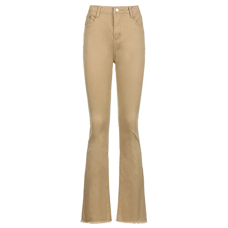 Women's New Fashion High Waist Slim Retro Flared Casual Jeans - Khaki
