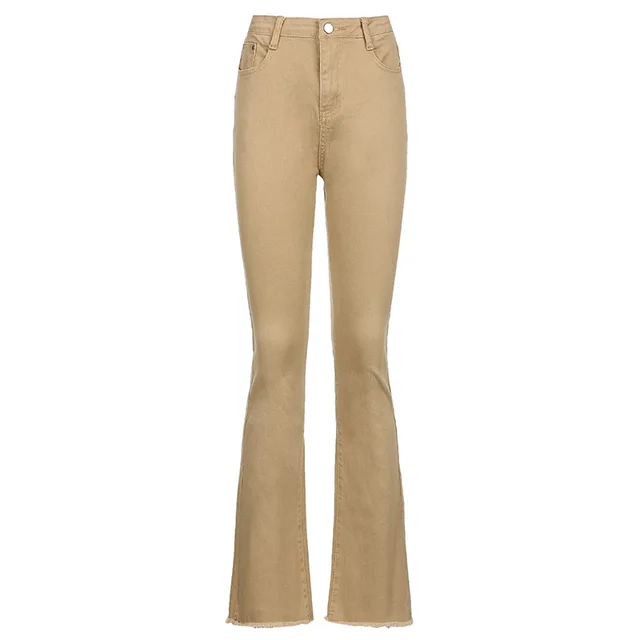 Women's New Fashion High Waist Slim Retro Flared Casual Jeans Khaki - Shop at LoveMi
