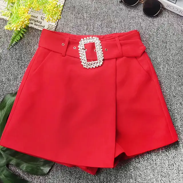 Modern Women's New Summer Rhinestone Buckle Belt Thin Fashion Design Culottes Shorts Skirt Red - Shop at LoveMi