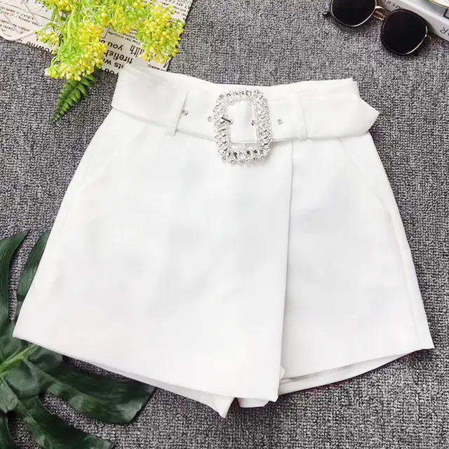Modern Women's New Summer Rhinestone Buckle Belt Thin Fashion Design Culottes Shorts Skirt White - Shop at LoveMi