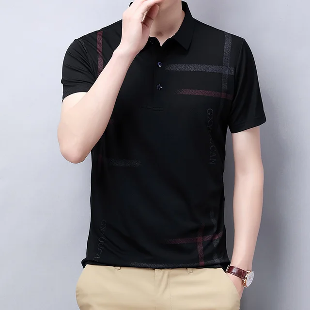 Young And Middle aged Casual Blue Solid Color Summer Short sleeved Basic Public Slit Thin T shirt POLO Shirt Black - Shop at LoveMi