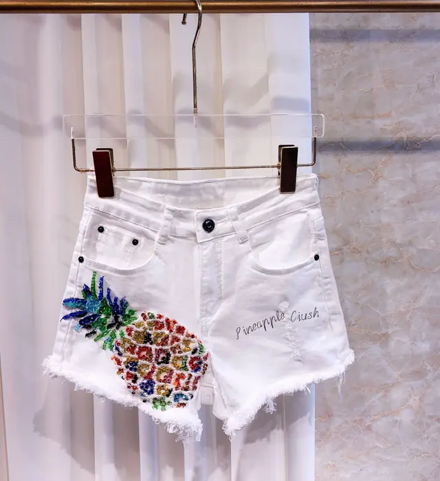 Subtitled Rhinestone Stretch Denim Ladies Shorts 1White - Shop at LoveMi