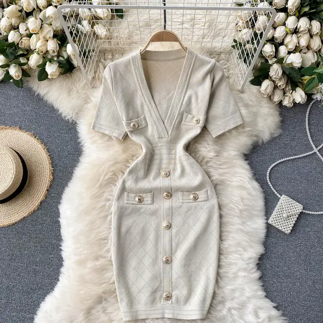 Design Sense Bag Hip Knitted Dress Women Apricot - Shop at LoveMi