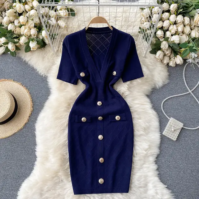 Design Sense Bag Hip Knitted Dress Women Navy Blue - Shop at LoveMi
