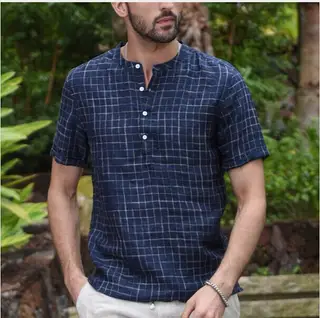 Men's Check Button Cotton And Linen Short Sleeve - Navy Blue