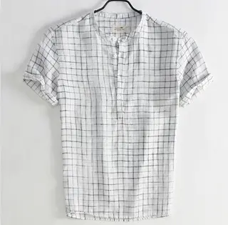 Men's Check Button Cotton And Linen Short Sleeve - White