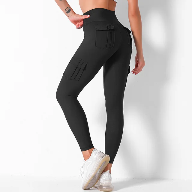 High Waist Hip Pocket Leggings Workwear Stitching Color Contrast Sports Yoga Pants Black - Shop at LoveMi