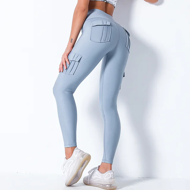 High Waist Hip Pocket Leggings Workwear Stitching Color Contrast Sports Yoga Pants Blue - Shop at LoveMi