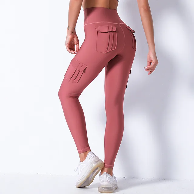 High Waist Hip Pocket Leggings Workwear Stitching Color Contrast Sports Yoga Pants Pink - Shop at LoveMi