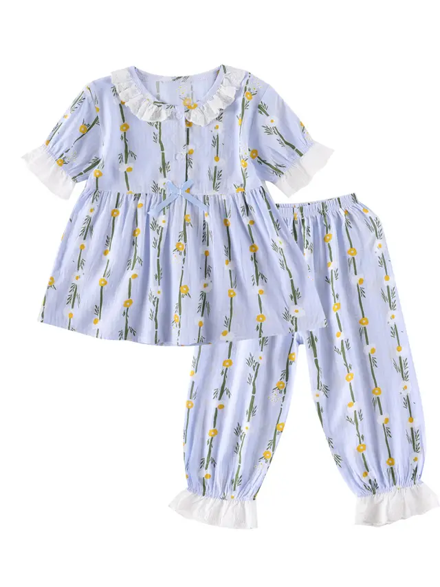 Home Wear Short sleeved Cotton Air conditioned Pajamas For Little Girls Blue - Shop at LoveMi